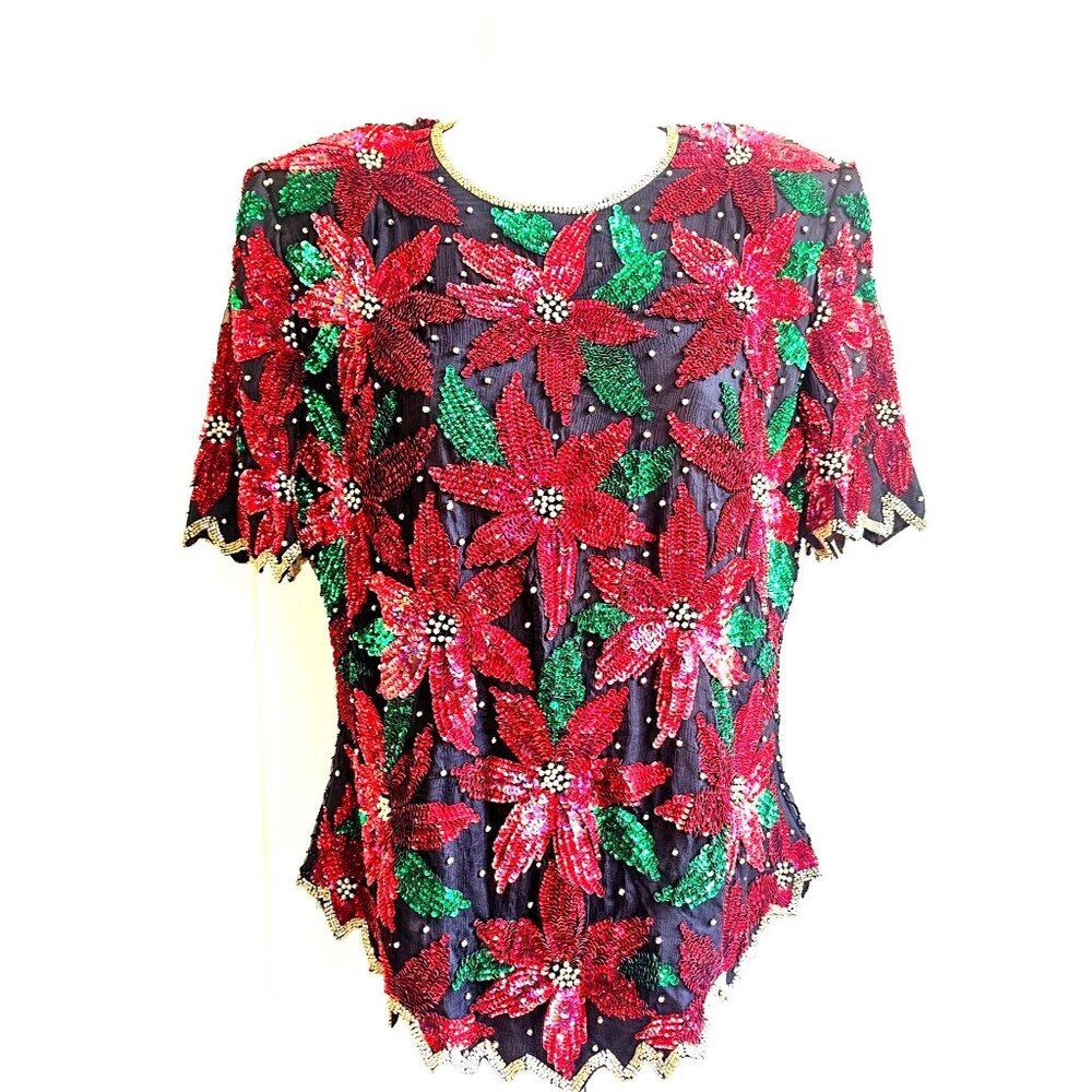 Vtg SCALA Silk Sequin Beaded Christmas Poinsettia Short Sleeve Top EXCELLENT